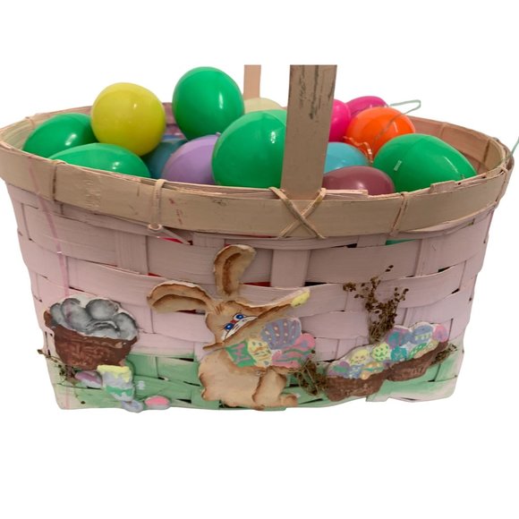 Pink Wicker Wooden Woven Basket Handpainted Easter Bunny Painting Egg Vintage 13 - Picture 2 of 5